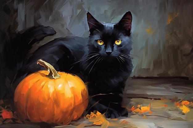 Uma pintura de um gato preto ao lado de uma abóbora.