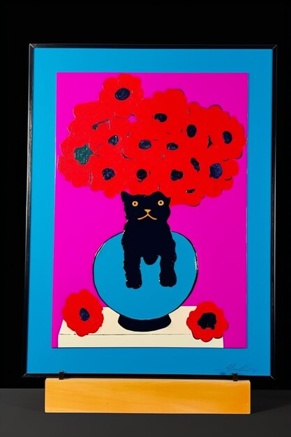 Uma pintura de um gato preto com flores vermelhas nele.