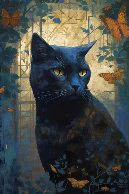 Uma pintura de um gato preto com olhos amarelos e um fundo azul com borboletas.