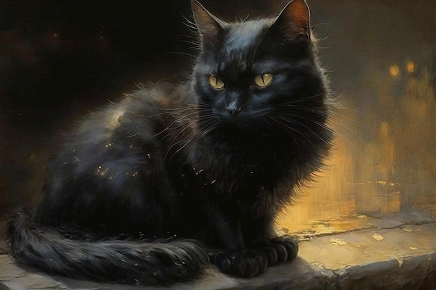 Uma pintura de um gato preto com olhos amarelos.