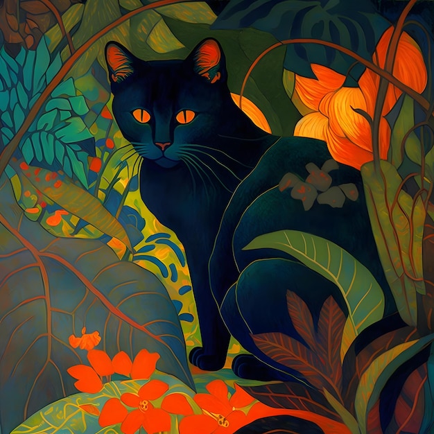 Foto uma pintura de um gato preto com olhos laranja e olhos amarelos.