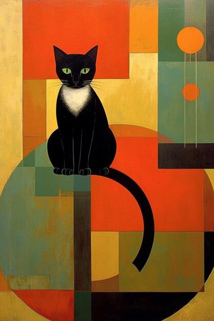 Uma pintura de um gato preto com um fundo amarelo e um olho azul.