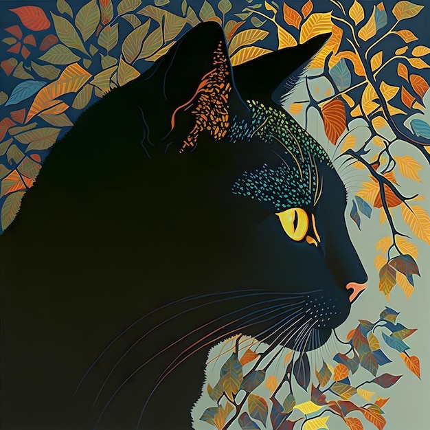 Uma pintura de um gato preto com um olho amarelo e um fundo azul com folhas.