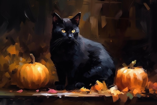 Uma pintura de um gato preto e duas abóboras.