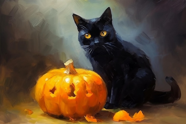 Uma pintura de um gato preto e uma abóbora