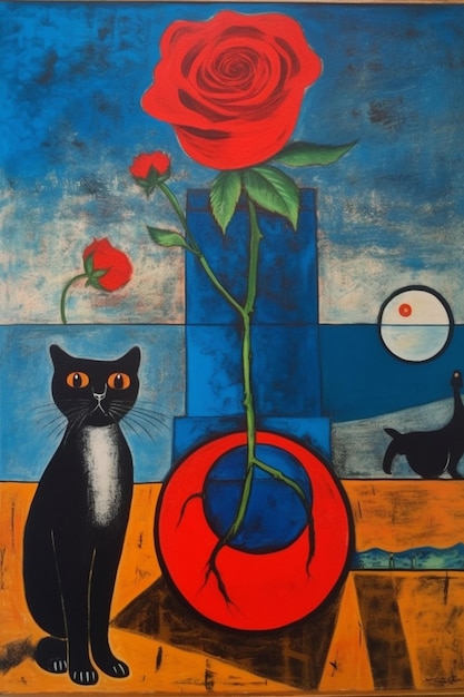 Uma pintura de um gato preto e uma flor vermelha