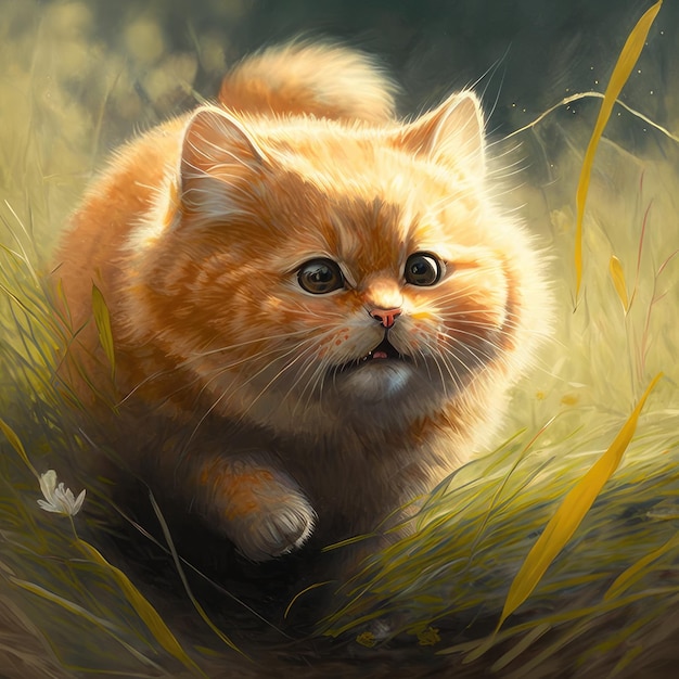 Uma pintura de um gato que está em um campo