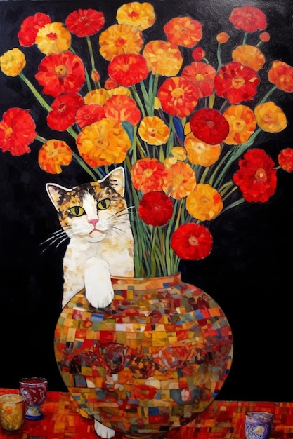 Uma pintura de um gato sentado em um vaso com flores.