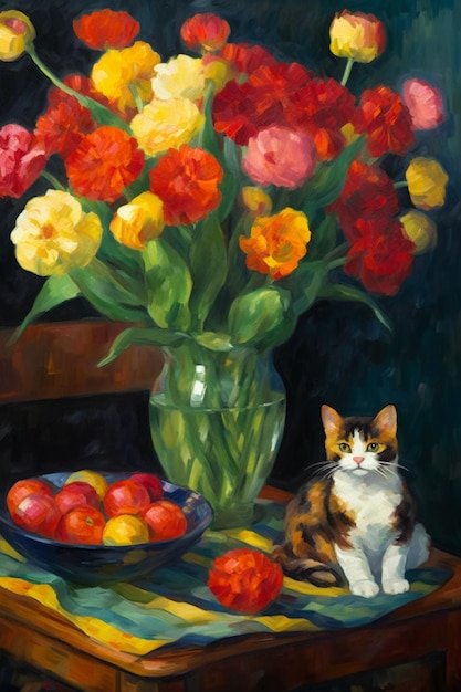 Uma pintura de um gato sentado em uma mesa ao lado de um vaso de flores.