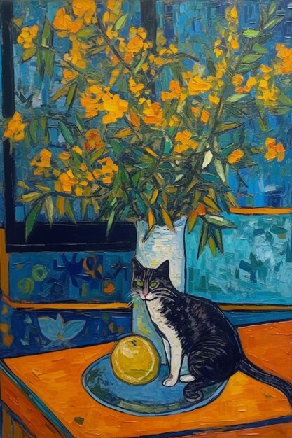 Uma pintura de um gato sentado em uma mesa com um vaso de flores atrás dele.