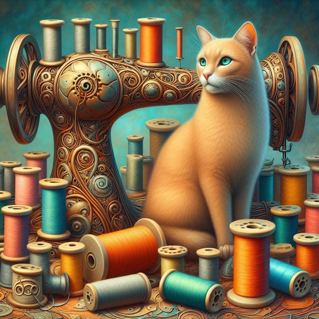 Foto uma pintura de um gato sentado na frente de uma pilha de fio