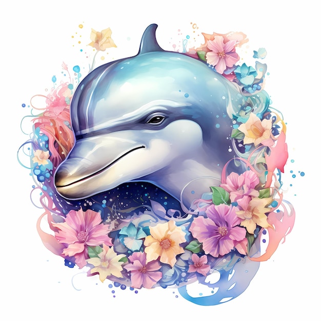 uma pintura de um golfinho com flores e um golfinho ao fundo