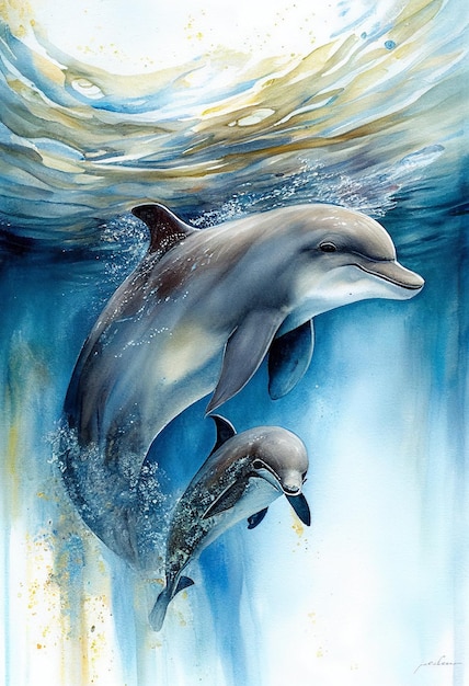 Uma pintura de um golfinho e um golfinho