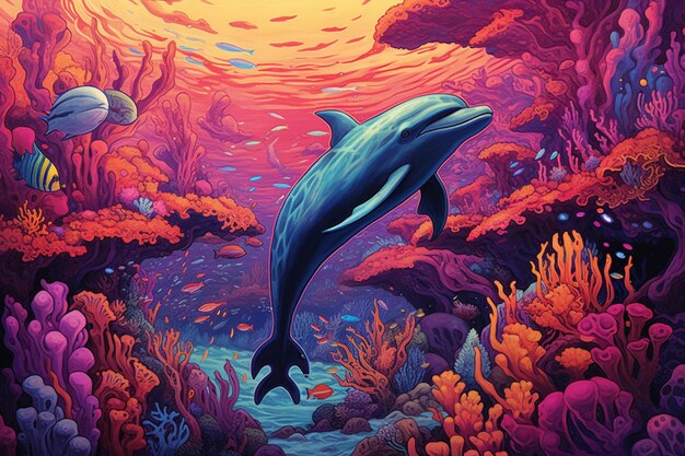Uma pintura de um golfinho em um recife de coral com um peixe nadando na água.