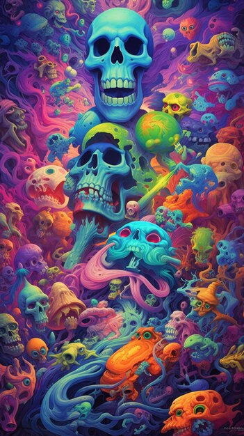 Uma pintura de um grupo de crânios cercados por crânios coloridos