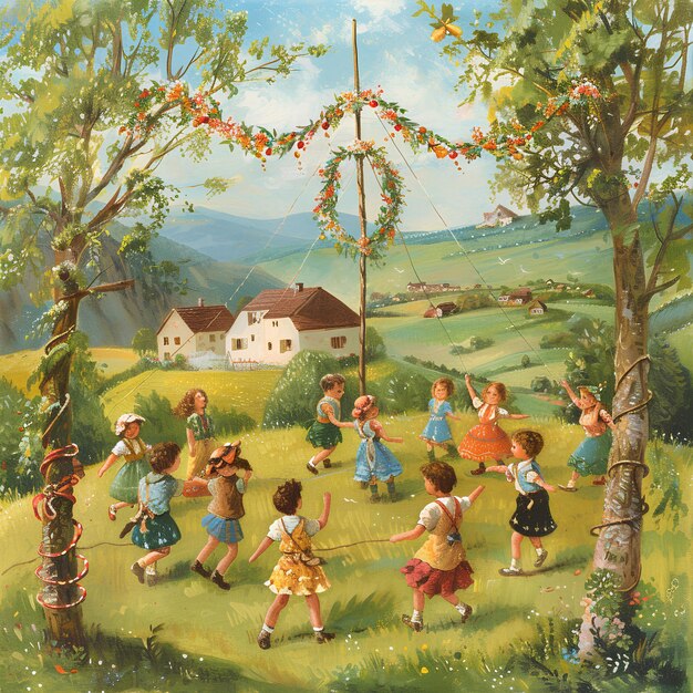 uma pintura de um grupo de crianças brincando em um campo com uma casa ao fundo