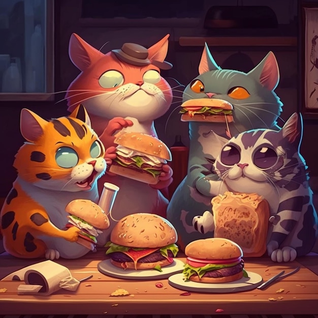 Uma pintura de um grupo de gatos comendo sanduíches.