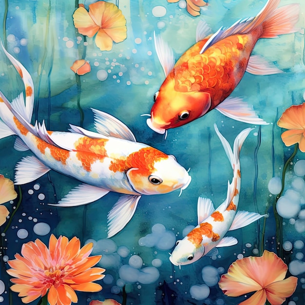 uma pintura de um grupo de peixes nadando na água