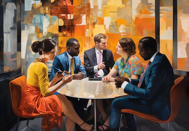 uma pintura de um grupo de pessoas ao redor de uma mesa com um homem sentado em uma mesa com uma placa que diz