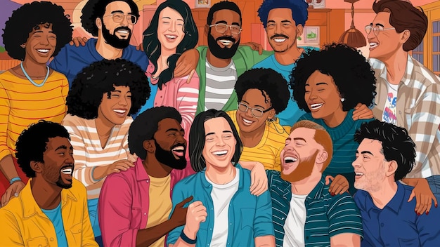 uma pintura de um grupo de pessoas com a palavra feliz sobre ele