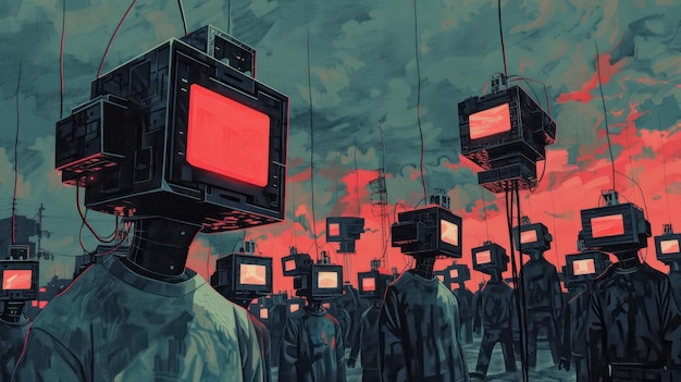 Uma pintura de um grupo de pessoas com aparelhos de televisão para cabeças de pé em um campo