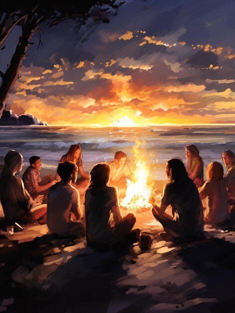 uma pintura de um grupo de pessoas em torno de uma fogueira ao pôr do sol.