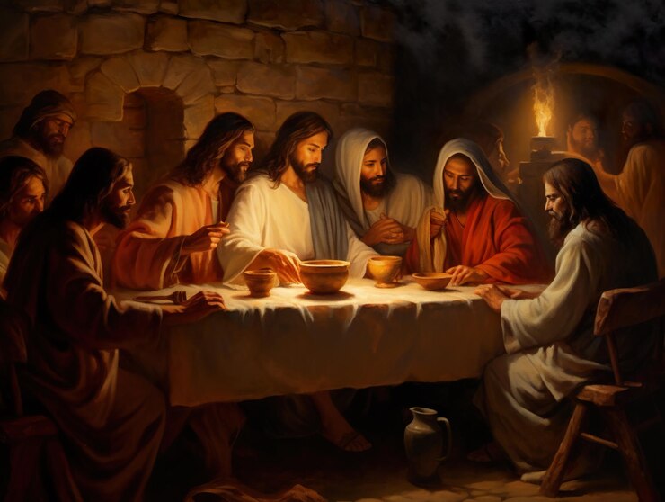 Foto uma pintura de um grupo de pessoas sentadas ao redor de uma mesa imagem generativa de ia