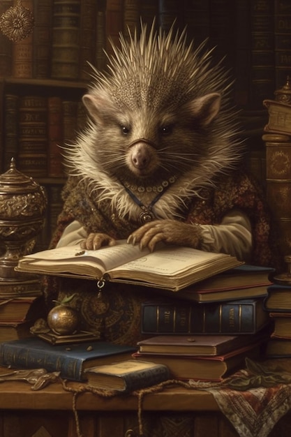 Uma pintura de um guaxinim lendo um livro