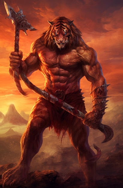 Uma pintura de um guerreiro com uma lança na mão.