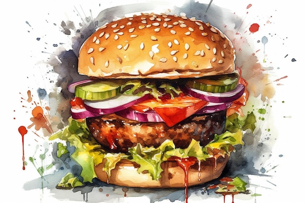 Uma pintura de um hambúrguer com legumes e tomate