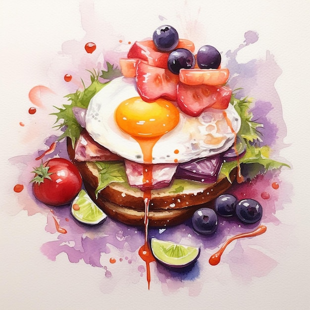 Uma pintura de um hambúrguer com mirtilos e uvas roxas