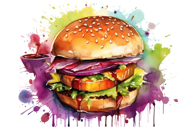 Uma pintura de um hambúrguer com uma imagem de alface e cebola