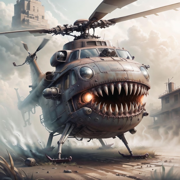 Uma pintura de um helicóptero com cara de monstro.