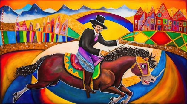 Uma pintura de um homem andando a cavalo com um arco-íris ao fundo.