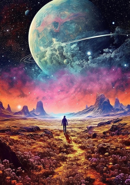 Uma pintura de um homem caminhando através de um deserto com um planeta no fundo
