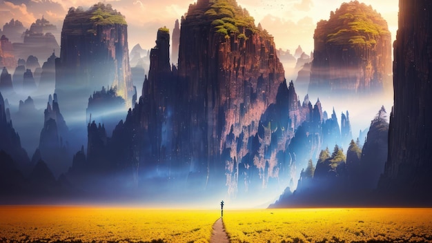 Uma pintura de um homem caminhando por um caminho em frente a uma montanha.