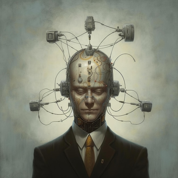 Uma pintura de um homem com a palavra robô na cabeça