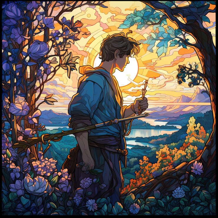 Foto uma pintura de um homem com arco e flecha apontando para um lago.