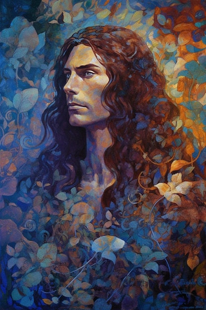 Uma pintura de um homem com cabelo comprido e um padrão de flores.