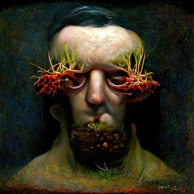 Foto uma pintura de um homem com muitas plantas no rosto