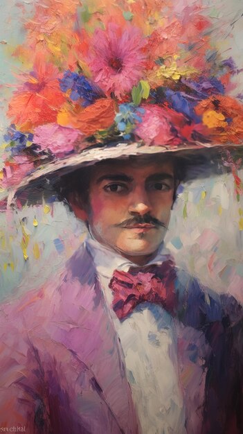 Foto uma pintura de um homem com um bigode e um chapéu com flores nele