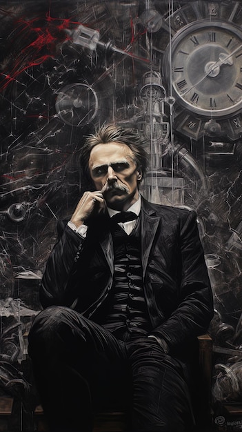 uma pintura de um homem com um bigode e um relógio no fundo