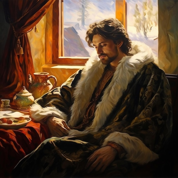 Uma pintura de um homem com um casaco de pele