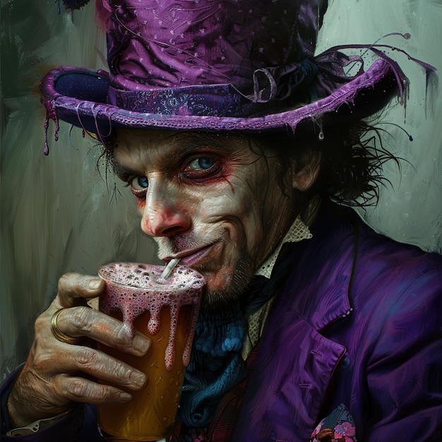 uma pintura de um homem com um chapéu roxo bebendo uma cerveja