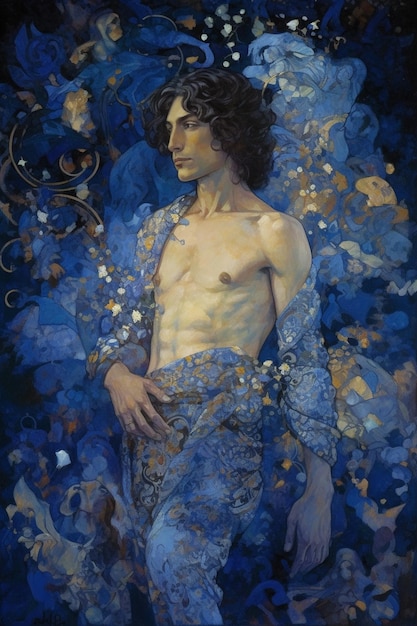 Uma pintura de um homem com um vestido azul e uma folha de ouro.