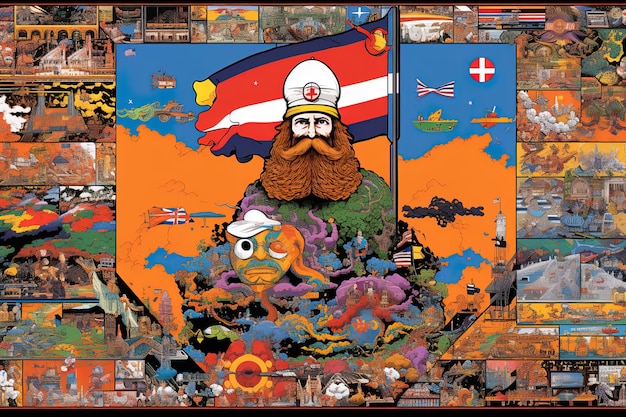 uma pintura de um homem com uma bandeira e um pirata nele