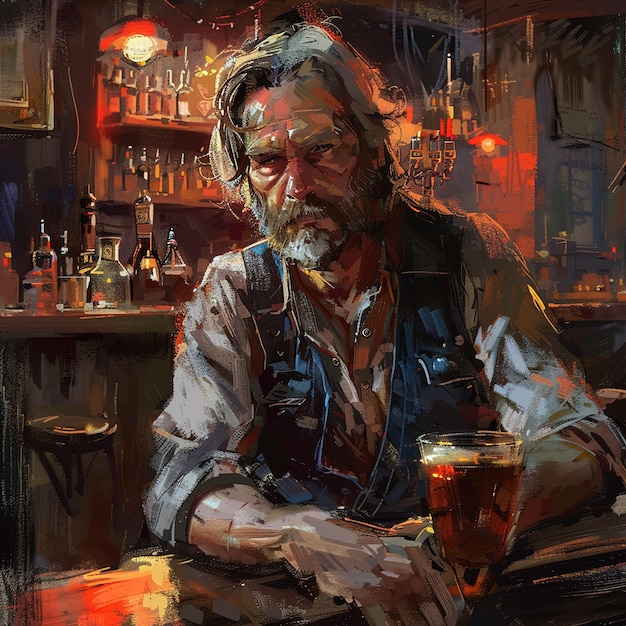 uma pintura de um homem com uma barba e um copo de cerveja