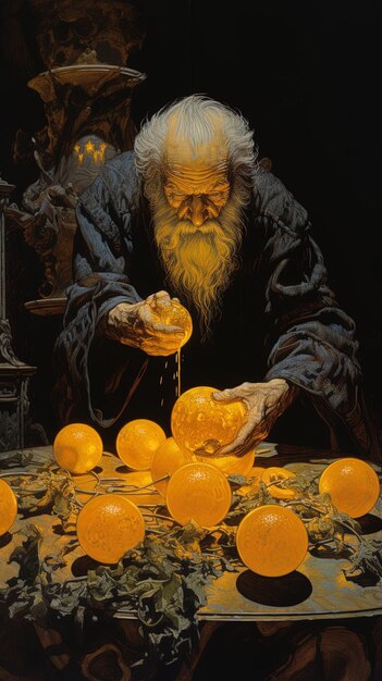 Uma pintura de um homem com uma barba e uma barba está brincando com laranjas