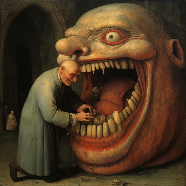 Foto uma pintura de um homem com uma boca grande que diz “o monstro”.