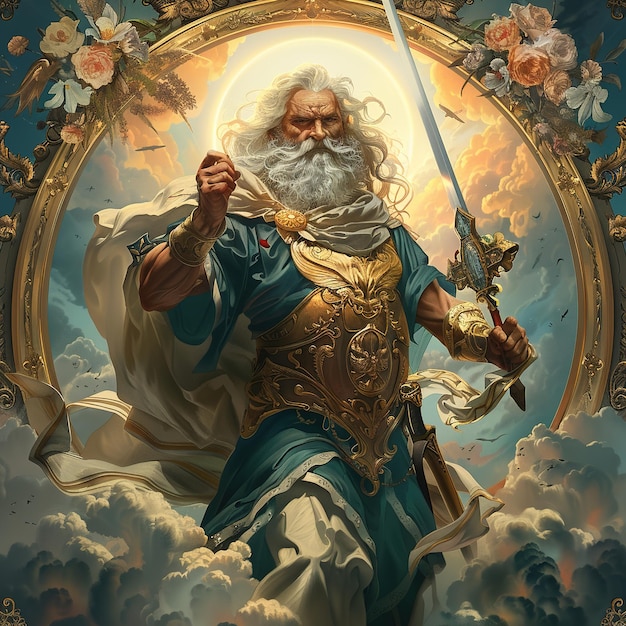 Uma pintura de um homem com uma espada e as palavras "Deus de Deus".